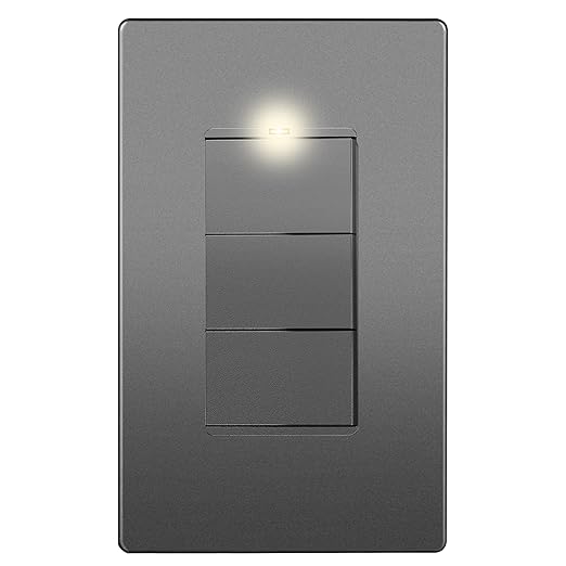 LIDER Minimalist Design Matte Finish Lighted Triple Switch with Screwless Wall Plate, Combination Frameless Decorator Switch with Locator Light, Ground Terminal, Single Pole, 15A 120V, Space Gray