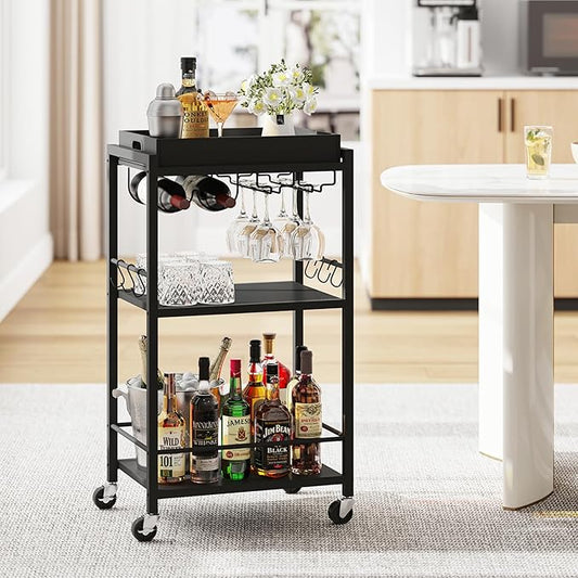 TUTOTAK Bar Cart with Removable Tray, Home Bar Serving Cart, Drink Cart, Mobile Kitchen Shelf with Wine Rack and Glass Holder, Rolling Beverage Cart for Living Room, Kitchen, Black BC01BK036