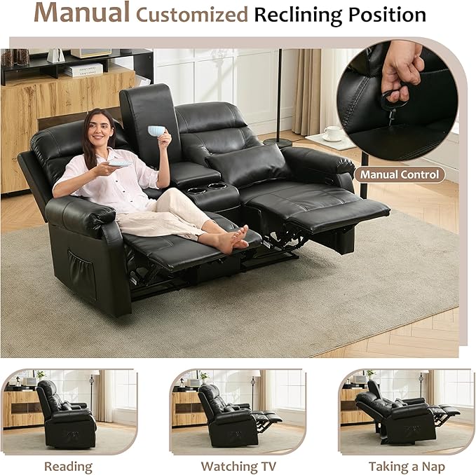 DRMBOOK RV Loveseat Recliner Sofa with Console, Faux Leather Double Wall Hugger Reclining Couch Manual Home Movie Seating 2 Person Recliner Chair with Cup Holders/Storage/Pocket/Lumbar Pillow, Black