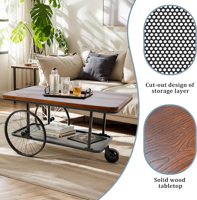 21.6inch Height Rolling Bar Cart with Metal Storage Shelf Industrial Rectangle Coffee Table Side Table on Wheels for Living Room Vintage Mobile Serving Cart for Outdoor Indoor