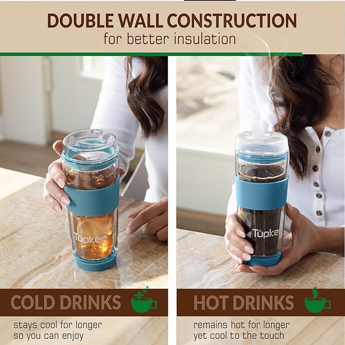 Tupkee Double Wall Glass Tumbler - 14-Ounce, All Glass Reusable Insulated Tea/Coffee Mug & Lid, Hand Blown Travel Mug - Niagara