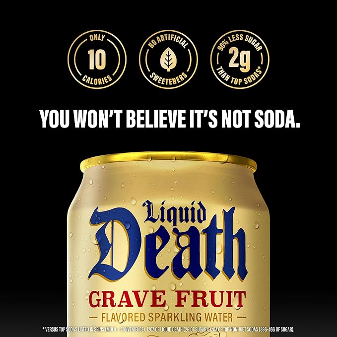 Liquid Death Soda-Flavored Sparkling Water - Grave Fruit (Grapefruit Flavor), Less Sugar*, Huge Flavor, No Caffeine, No Artificial Sweeteners, 12 Fl Oz (Pack of 12)