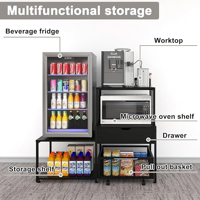 PUNCIA Mini Fridge Stand with Storage, Coffee Bar Cabinet with Power Outlet and Drawer — Beverage Refrigerator Table, Microwave Oven Stand with Rolling Basket for Home, Dorm, Apartment, Pantry