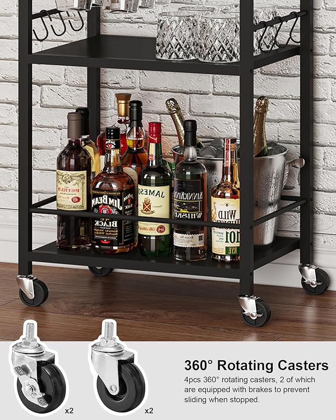 TUTOTAK Bar Cart with Removable Tray, Home Bar Serving Cart, Drink Cart, Mobile Kitchen Shelf with Wine Rack and Glass Holder, Rolling Beverage Cart for Living Room, Kitchen, Black BC01BK036