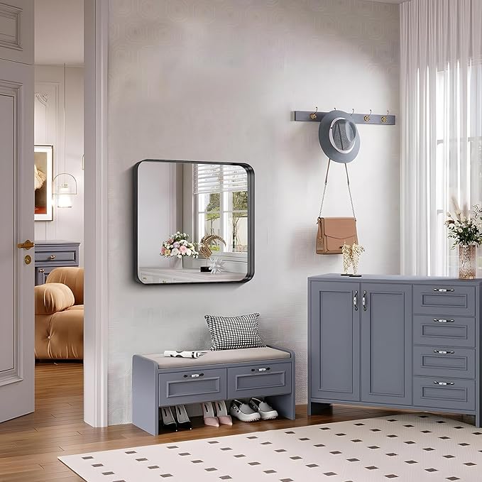 FORBATH 24x24 Inch Bathroom Mirror for Wall, Black Metal Framed Vanity Mirrors for Over Sink,Rounded-Corner Rectangle Mirror for Bedroom Living Room Kitchen Entryway Hallway, Anti-Rust