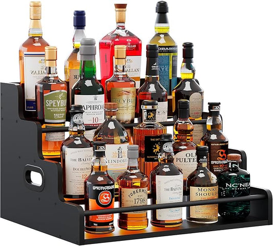 LIVELYGLOW 19.6”W x 15.74" D x 12.5" H Inches Versatile 4-Step Coffee Syrup & Water Bottle Organizer Rack Multi-Functional Retro Display Shelf for Kitchen or Bar, Holds Liquor & Spirits, Black