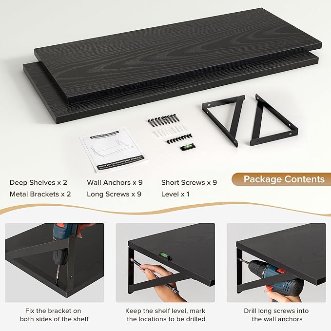 Deep Floating Shelves Wall Mounted, 30"x12" Black Wall Shelves with Brackets Set of 2 for Bedroom, Living Room, Bathroom, Kitchen, Office - Storage & Display Shelf for Decor, Books, Plants