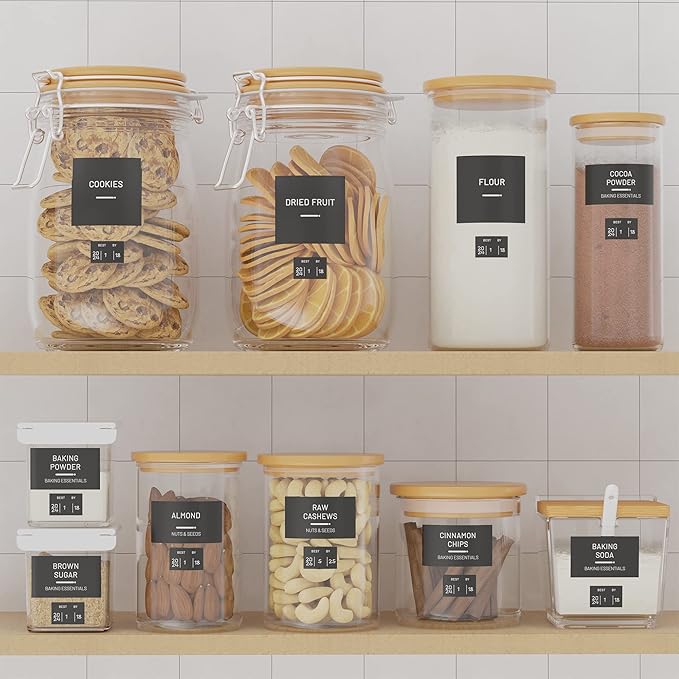 284 Pantry Labels with 112 Expiration Date Labels for Food Containers, Preprinted Stickers Booklet for Storage Bins, Minimalist Kitchen Labels for Organizing