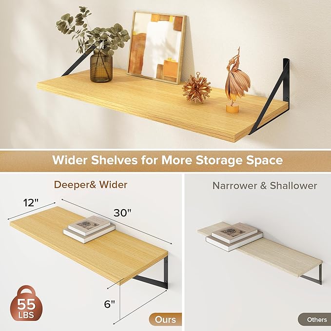 Deep Floating Shelves Wall Mounted, 30"x12" Oak Wall Shelves with Brackets Set of 2 for Bedroom, Living Room, Bathroom, Kitchen, Office - Storage & Display Shelf for Decor, Books, Plants