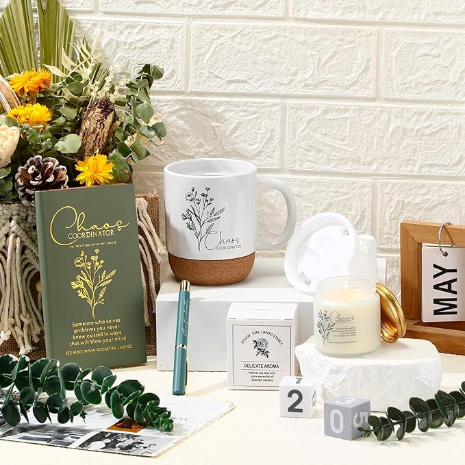 4 Pcs Chaos Coordinator Gifts Set for Women Men Chaos Coordinator Appreciation Gifts Notebook Coffee Mug Cup Scented Candle Ballpoint Pen for Valentines Teacher Staff Boss Employee Coworker