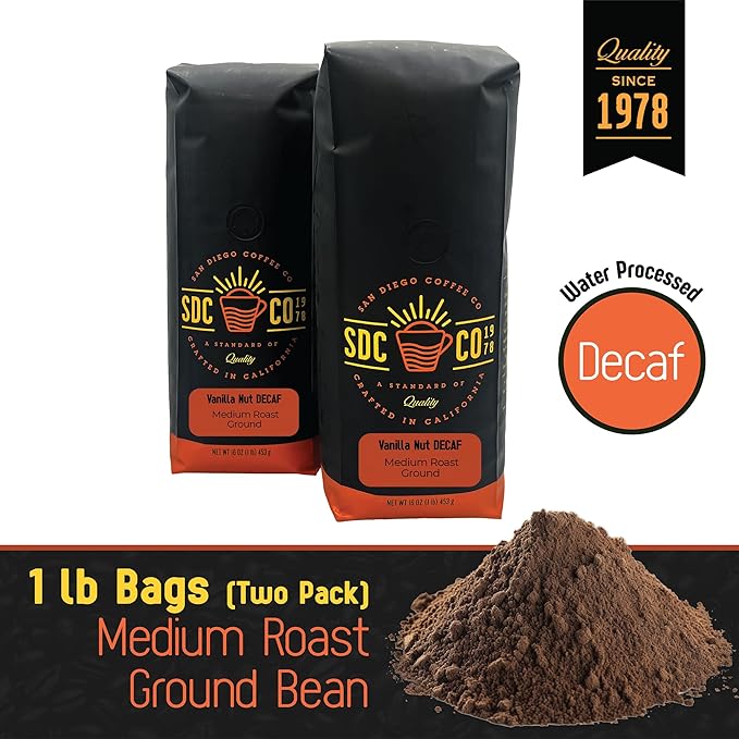 San Diego Coffee DECAF Vanilla Nut, Medium Roast, Ground Coffee, 16-Ounce Bags (Pack of 2) Café descafeinado molido tostado