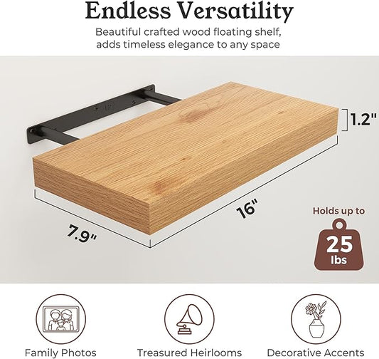 Floating Shelves for Wall, 7.9" Deep Wall Mounted Wood Shelves for Bathroom, Bedroom, Living Room, Kitchen, Hanging Shelf for Books/Storage/Room Decor (Oak, 16")
