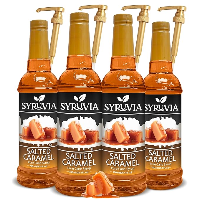 Syruvia Salted Caramel Syrup - 25.4 fl oz. Premium Coffee Flavoring Syrup. Kosher, and Gluten-Free. Perfect for Enhancing Drinks, Sodas, Shakes, Desserts, and More With Pump (Pack of 4)