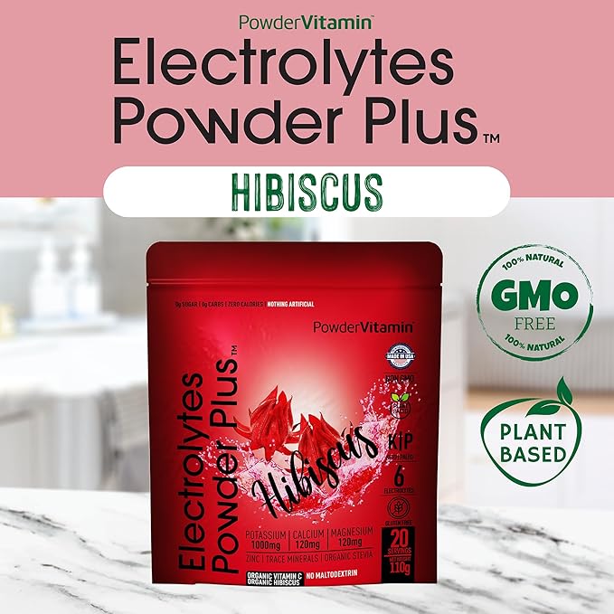 PowderVitamin Electrolytes Powder Plus (20 Servings) Hibiscus Electrolyte Powder, No Maltodextrin, Keto,Sugar Free,Pink Himalayan Salt,1000mg Potassium,120mg Calcium,120mg Magnesium,Hydration Powder
