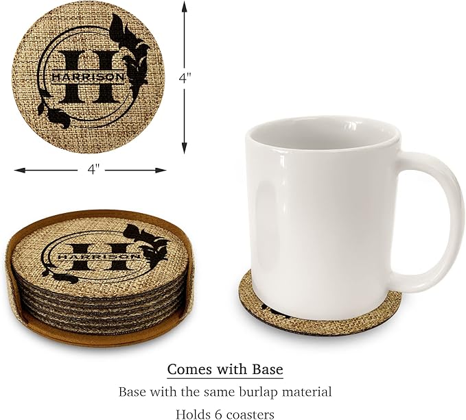 Smile Art Design Family Custom Monogram Coaster Set of 6 with Base Round Burlap Material Family Name and Date Personalized Prints Personalized Gifts House Warming Wedding Gift Rustic Decor Style1