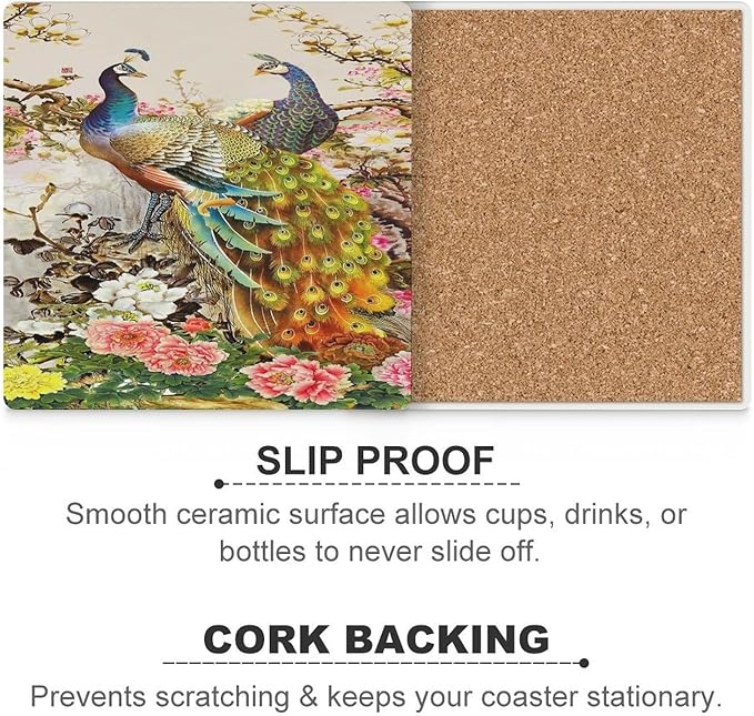 Square-4PCS Peacock Drink Coasters, Square Modern Ceramic Absorbent Coasters, Vintage Tree Branch Beautiful Plant Floral Gold Peacock Decor Desk Coffee Table Coaster for Beverage Cup Tea Coasters