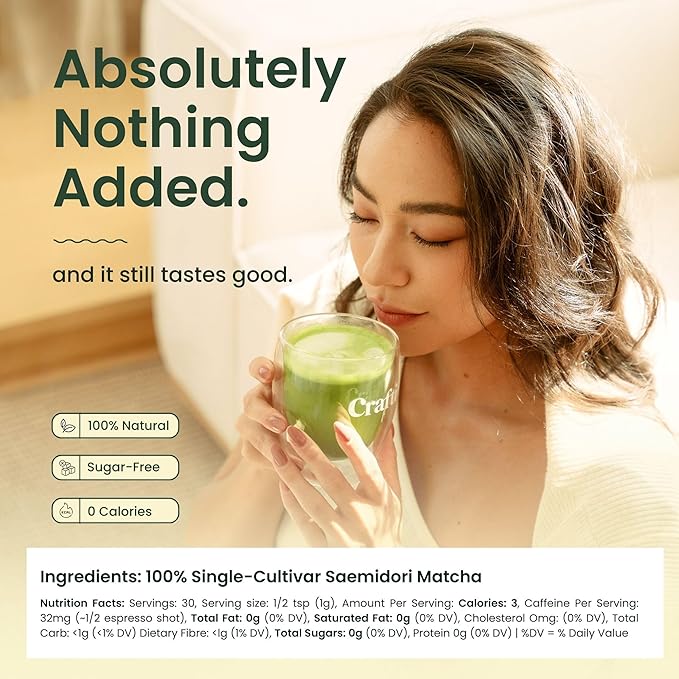 Crafti Ceremonial Grade Matcha Powder | 100% First Harvest | Single Cultivar | Saemidori | Unsweetened Authentic Japanese Matcha Green Tea Powder from Yame, Fukuoka (30g / 1.06oz)