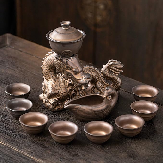 Kungfu Tea Sets Ceramic Teapot with Infuser Loose Leaf Tea Teapot with 8 cups (Antique Brass Dragon- C)