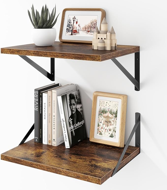 Deep Floating Shelves Wall Mounted, 16"x12" Brown Wood Shelves with Brackets Set of 2 for Bedroom, Living Room, Bathroom, Kitchen, Office - Storage & Display Shelf for Decor, Books, Plants