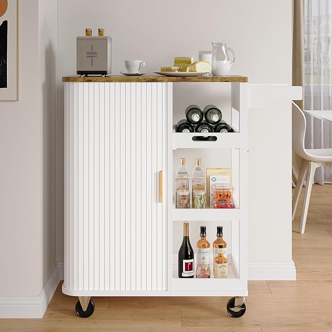 Small Rolling Kitchen Island Cart with Sliding Doors, 35.3“ Mobile Kitchen with Storage, Adjustable Height Shelves, Locking Casters Storage Island Table for Kitchen, Living Room, Dining Room（White）