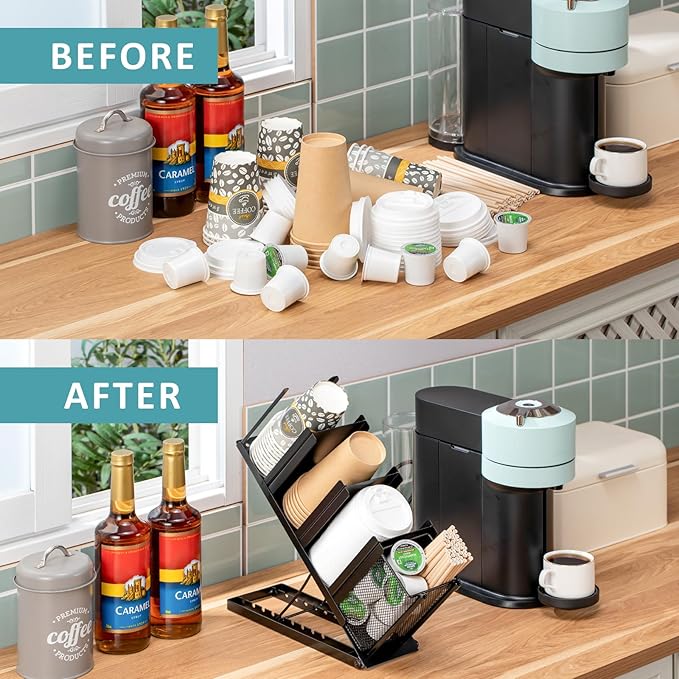 Rice rat Coffee Cup Holder Organizer 4 Compartment Disposable Cup Dispenser, Cup and Lid Holder with Mesh Basket for Countertop Coffee Station Bar, Black