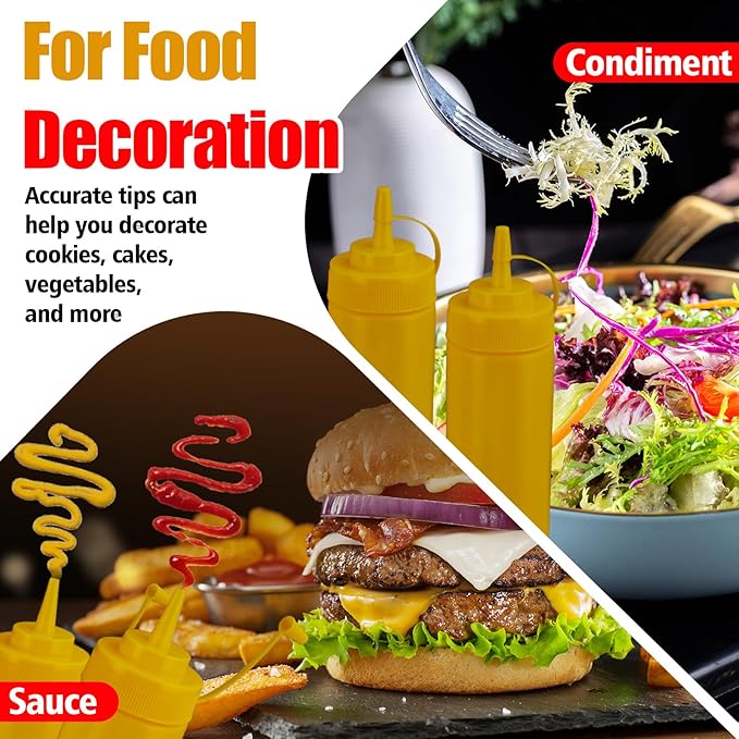 Squeeze Bottles for Sauces,Leak-Proof Condiment Dispenser, BPA-Free Kitchen Restaurant Squeeze Bottle Set with Wide Mouth for Ketchup, Mustard,Syrup,Dressings (Yellow, 4Pack-8oz(200ml))