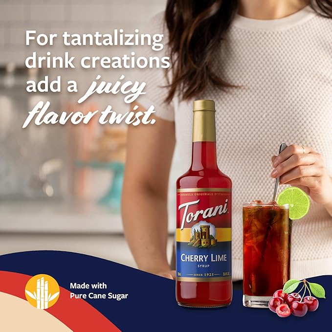 Torani Cherry Lime Syrup for Drinks, Flavoring for Iced Tea, Lemonade, Sodas, and Cocktails, Glass Bottle with Pump Included, 25.4 Fl Oz