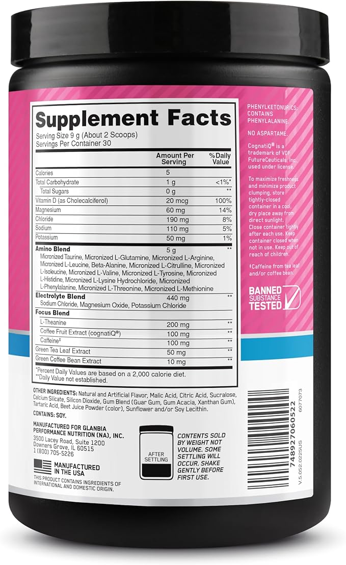 Optimum Nutrition Amino Energy Powder Plus Focus, with BCAA, Electrolytes, and Caffeine, Watermelon, 30 Servings (Packaging May Vary)