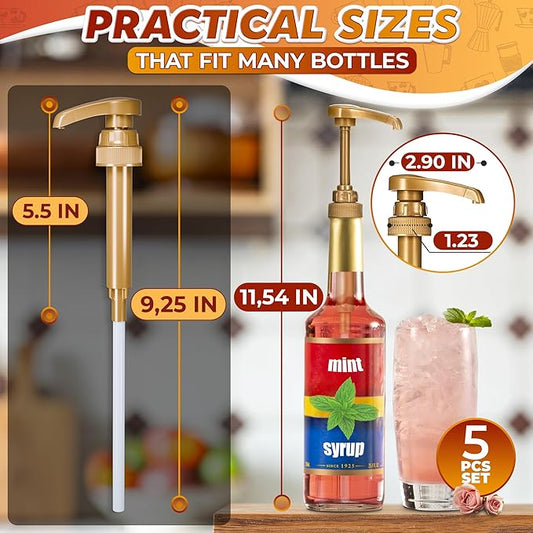 Pumps for Syrup Bottles 5 Pack - 9.25" Closed/11.54" Open Coffee Syrup Dispenser Pump - Lockable Mechanism, Fits Various 25.4 oz Bottles, Easy to Use & Clean, Suitable for Liquids, Pastes & Sauces