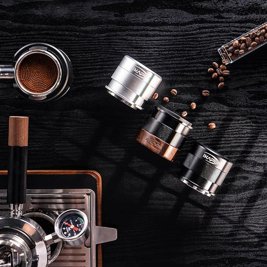 IKAPE 53MM Espresso Tamper, New Wooden Handle Design，Premium Barista Coffee Calibrated Tamper with Spring Loaded, 100% Stainless Steel Tamper Compatible with All 54MM Bottomless Portafilter
