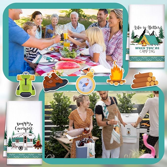 Set of 6 Camping Kitchen Towels White Absorbent Dishcloth Bonfire Tent Car Tea Towels 24 x 16 Inches with Funny Sayings Novelty Gifts for Campers Happy Camper Camping Accessories for Rv Campers