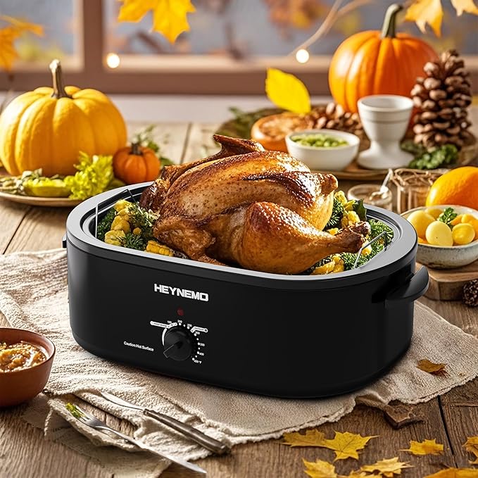 20 Quart Roaster Oven with Self-Basting Lid, Electric Turkey Roaster Oven with Defrost & Warm Function, Adjustable Temperature, Removable Pan & Rack, Stainless Steel, Black