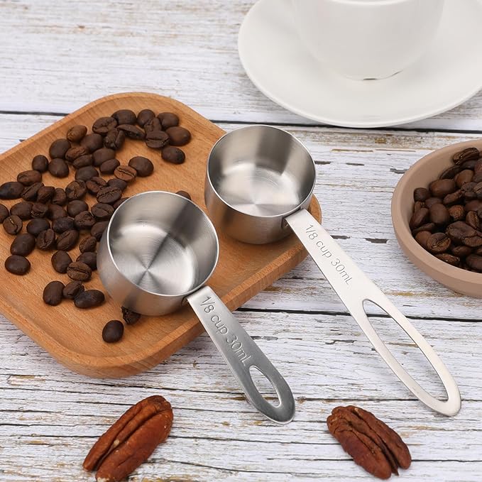 4Pcs 1/8 Cup Measuring Cup, 30ml Scoop, Stainless Steel Measuring Cups, Coffee Scoops, Measuring Scoops Tablespoon Measure Spoon, Short Handle & Long Handle Cooking Measuring Scoop(30ML)