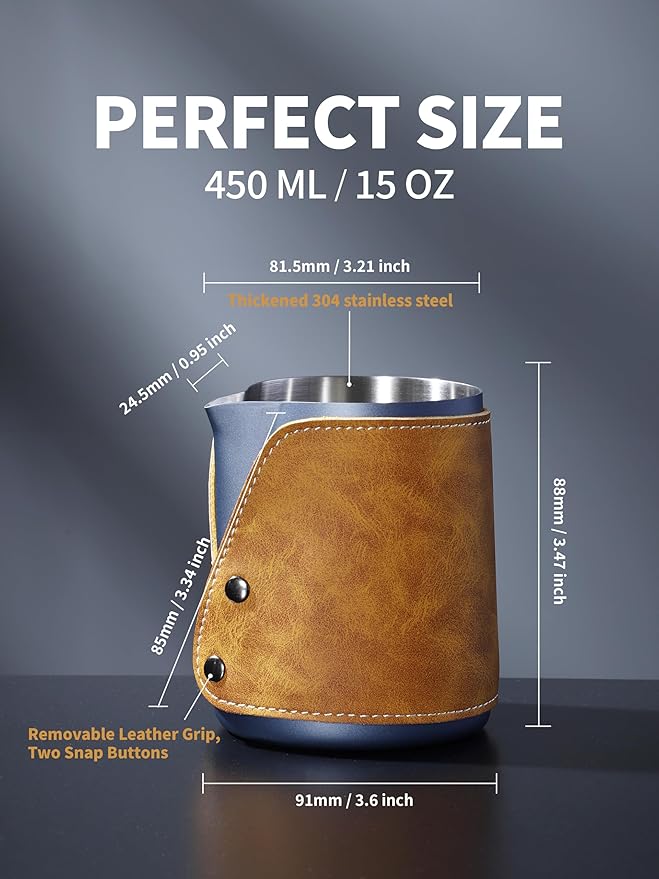 Handleless Milk Frothing Pitcher 450ml/15oz,304 Stainless steel Espresso Steaming Pitcher,milk frother cup,Milk Jug Cup,Latte Art(Blue)