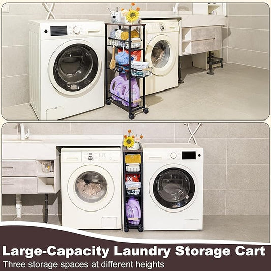 Narrow Rolling Cart with Wheels, 4-Tier Slim Metal Storage Cart with Pull-Out Baskets, 7.87 Inch Width Small Laundry Room Organizer Cart, Space-Saving for Kitchen, Bathroom