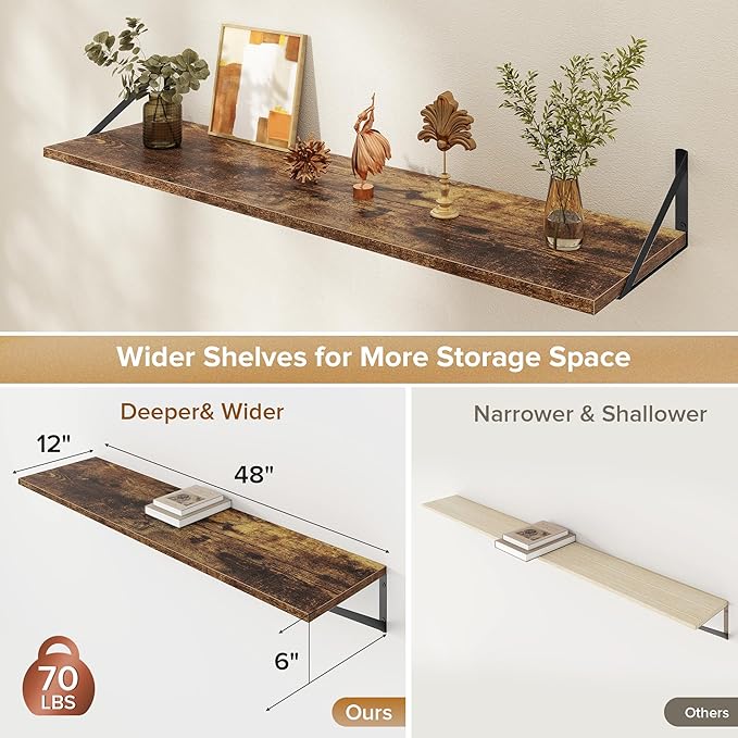 Deep Floating Shelves Wall Mounted, 48"x12" Brown Wood Shelves with Brackets Set of 2 for Bedroom, Living Room, Bathroom, Kitchen, Office - Storage & Display Shelf for Decor, Books, Plants
