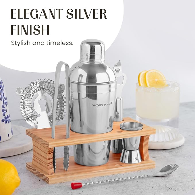 Modern Mixology Cocktail Shaker Set - 8 Piece Bartender Kit on Quality Pine Stand | Complete Cocktail Kit Gift Set | Top Bartender Gifts for Men | Leak Proof Design (Silver)