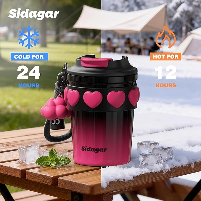 12 OZ Travel Coffee Mug with Lid Spill Proof Leak Proof, Stainless Steel Thermal Coffee Tumbler for Hot and Cold, Resuable Insulated Coffee Cup For Women, Black and Pink