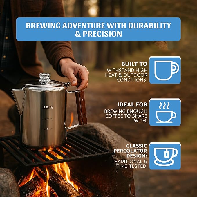 Toughty Yosemite Percolator Coffee Pot – Classic Stovetop Coffee Maker for Camping, Hiking & Home, Durable Stainless Steel Pot, Compatible with All Stovetops – Old-Fashioned 9-Cup Percolator, Silver