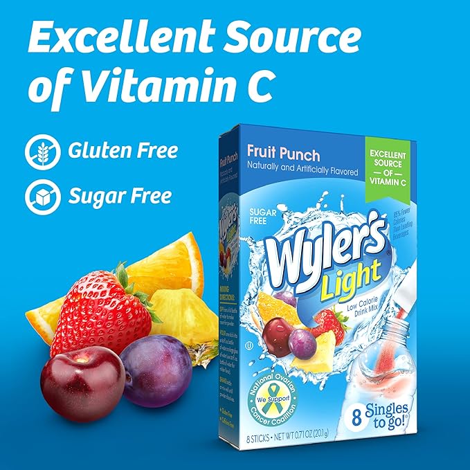 Wyler's Light Singles To Go Powder Packets, Water Drink Mix, Fruit Punch, 8 count/single serving (Pack of 12)