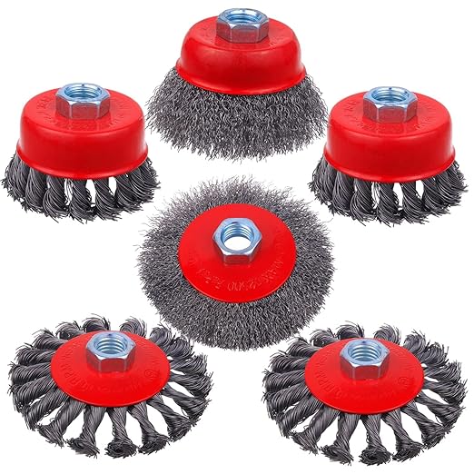 Rocaris 6 Pack Wire Wheel Cup Brush for Angle Grinder, 3 & 4 Inch Twisted Knotted & Coarse Crimped Cup Brush for Cleaning Rust, 5/8 -11 Inch Threaded Arbor