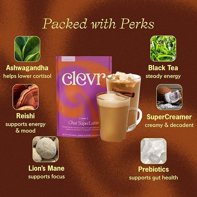 Clevr Chai Tea Latte, Instant Superfood Powder Blend with Oat Milk, Lion’s Mane, Reishi Mushroom, Black Tea, Organic Spices, Coconut Cream, Ashwagandha, Oprah’s Favorite Things 2022 (14 Lattes)