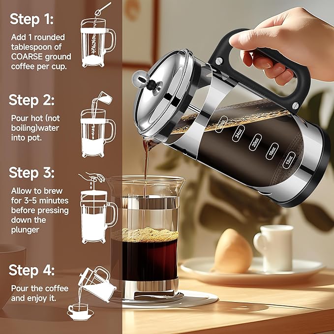 YMMIND 34 Ounce French Press Coffee Maker Chromium Stainless Steel Coffee Press, with 4-Level Filter System, Heat Resistant Thickness Borosilicate Glass, BPA-Free Brewed Coffee Pot for Camping Gifts