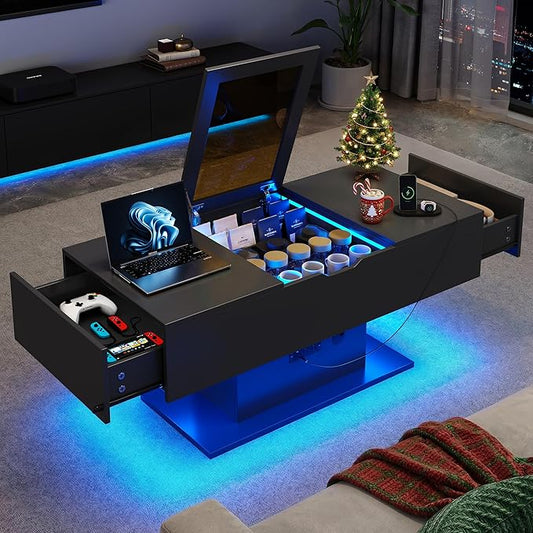 LED Coffee Table, 44" 3-Drawers Modern Coffee Table with Storage and Charging Station, for Living Room, Black
