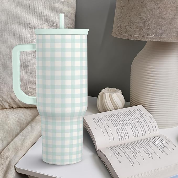 Mint Gingham 40oz Slider Tumbler with Handle and Straw - Insulated Stainless Steel Travel Coffee Mug for Women Girls, Gift for Birthday, Christmas
