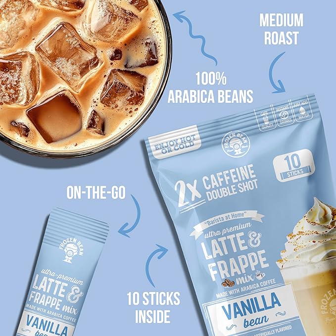 The Frozen Bean Vanilla Bean Frappe & Latte Instant Mix (10 Sticks), Made with Arabica Coffee, Double Shot Caffeine, Low Sugar & Premium Ingredients, Hot, Iced, or Blended Drinks