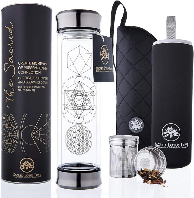 Sacred Lotus Love Double-Walled Glass Tea Infuser Bottle 14oz Portable Travel Mug with Strainer and Sleeve for Loose Leaf Tea, Coffee, Smoothies - Insulated Tumbler with Lid for Hot and Iced Beverages
