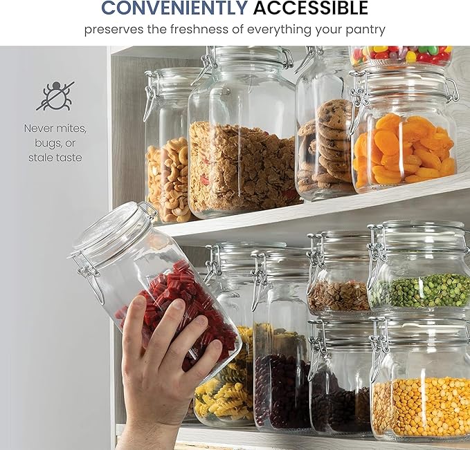 Bormioli Rocco Clear Glass Storage Jars: Airtight Hinged Lid With Leak Proof Gasket, Wide Mouth Canister Kitchen Food Container - For Zero Waste Air Tight Preserving Jam, Spices, Coffee, Sugar & Herbs