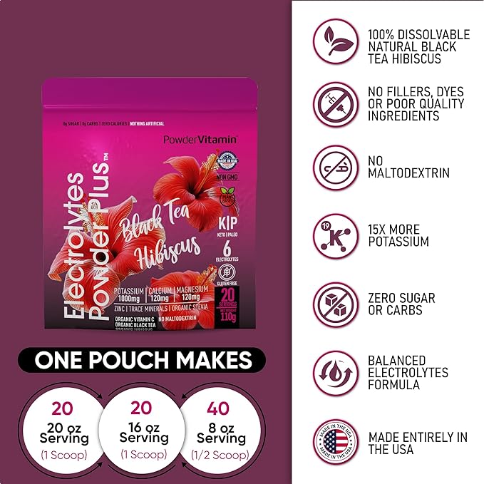 PowderVitamin Electrolytes Powder Plus (20 Servings) Black Tea Hibiscus Electrolyte Powder Keto, Sugar Free, Pink Himalayan Salt,1000mg Potassium,120mg Calcium,120mg Magnesium, Hydration Powder