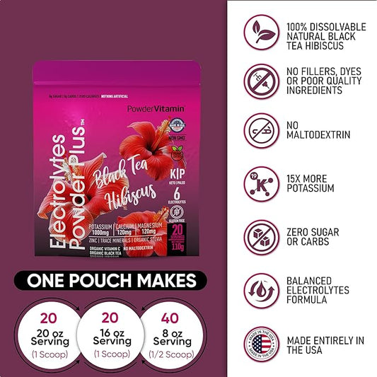 PowderVitamin Electrolytes Powder Plus (20 Servings) Black Tea Hibiscus Electrolyte Powder Keto, Sugar Free, Pink Himalayan Salt,1000mg Potassium,120mg Calcium,120mg Magnesium, Hydration Powder